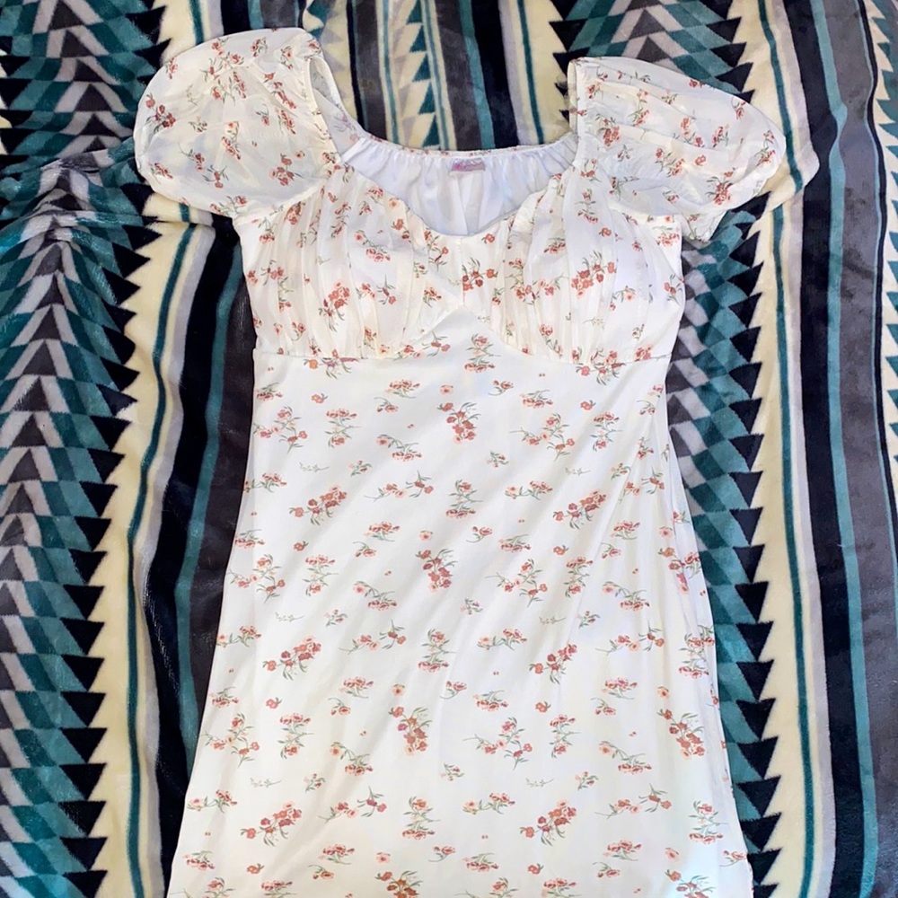 White, Floral dress, Polyester.